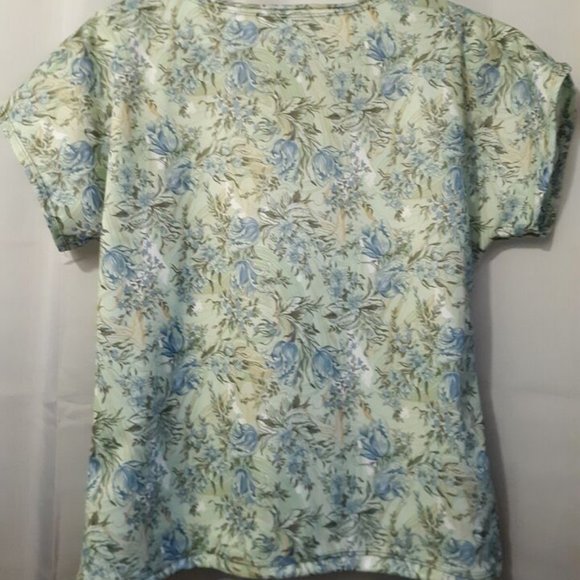 New Floral Knit Blouse M Mint Blue Scoop Dolman Short Sleeve Top Light & Breezy - Picture 3 of 6